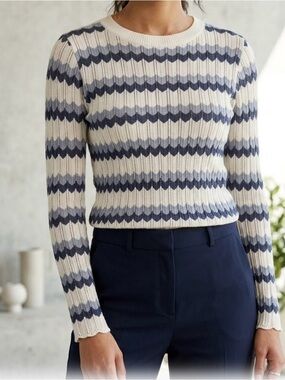 Navy and Cream Striped Crew Neck Sweater